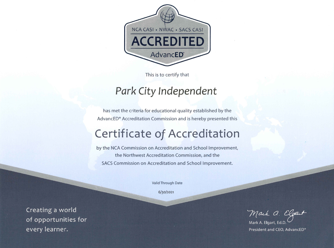 Advanced ED and Northwest Accreditation Commission Certificate for Park City Independent
