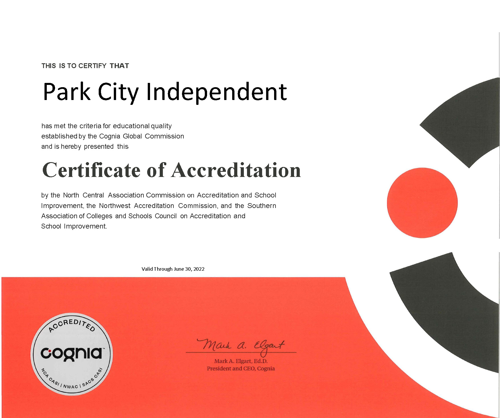 Accreditation Certificate for Park City Independent Online High School